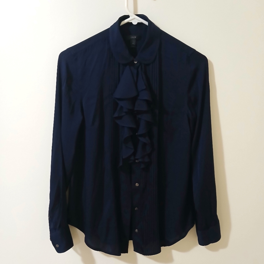 J Crew Silk Navy Long Sleeved Ruffle Shirt